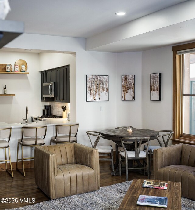 living room featuring sink and dark hardwood / wood-style flooring