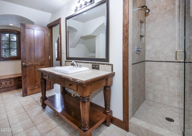 460 El Mirador Rd, Edwards, CO 81632 - bathroom with a shower stall, tile patterned flooring, and a sink