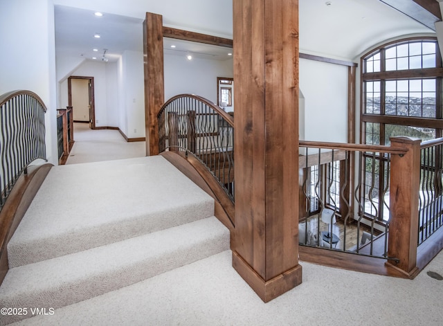 460 El Mirador Rd, Edwards, CO 81632 - staircase featuring carpet, lofted ceiling, recessed lighting, decorative columns, and baseboards