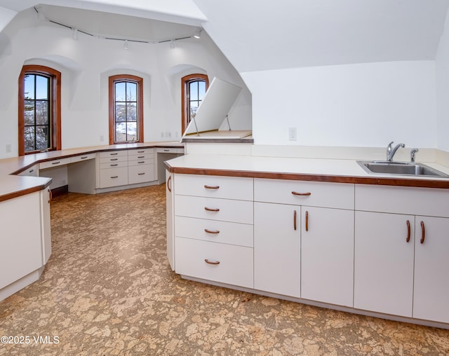 460 El Mirador Rd, Edwards, CO 81632 - kitchen featuring rail lighting, a sink, white cabinetry, and a peninsula