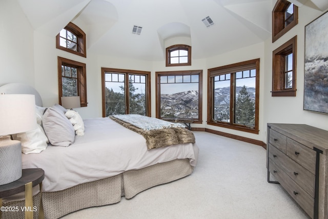 460 El Mirador Rd, Edwards, CO 81632 - bedroom featuring light carpet, multiple windows, high vaulted ceiling, a mountain view, and baseboards