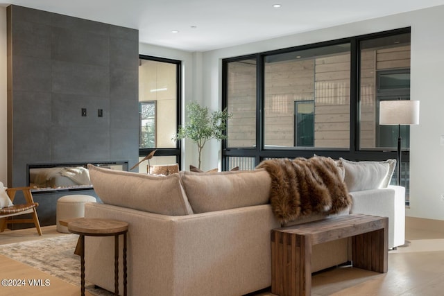 living room featuring a large fireplace and light hardwood / wood-style flooring