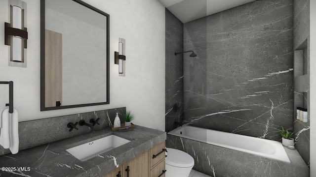 full bath with toilet, a combined bath / shower with marble appearance, and vanity