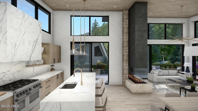 kitchen with range with two ovens, a sink, a wealth of natural light, and light wood-style floors