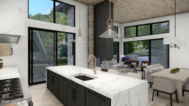 kitchen featuring a high ceiling, a sink, light stone countertops, dark cabinets, and light wood-type flooring