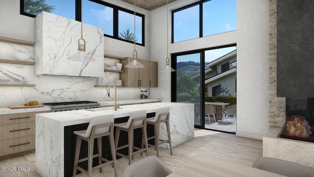 kitchen with light wood-style flooring, modern cabinets, open shelves, and a sink