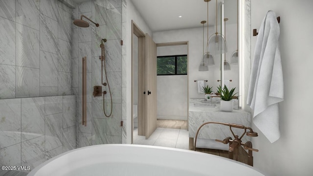 full bath featuring tiled shower and a soaking tub