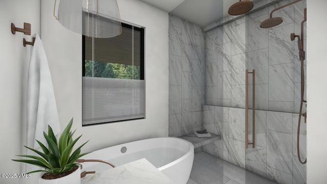 bathroom featuring a freestanding bath, a marble finish shower, and tile patterned floors