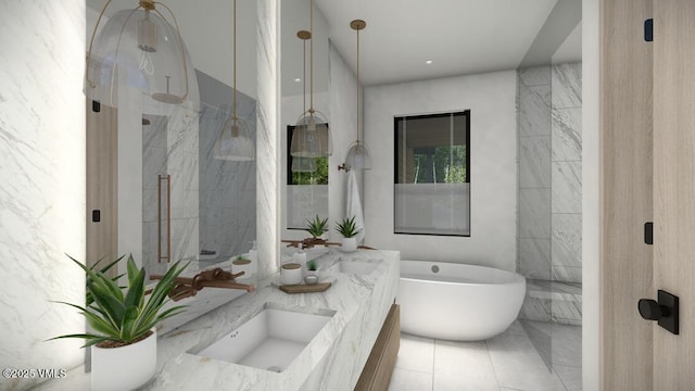 bathroom with double vanity, a freestanding tub, a sink, and a shower with shower door