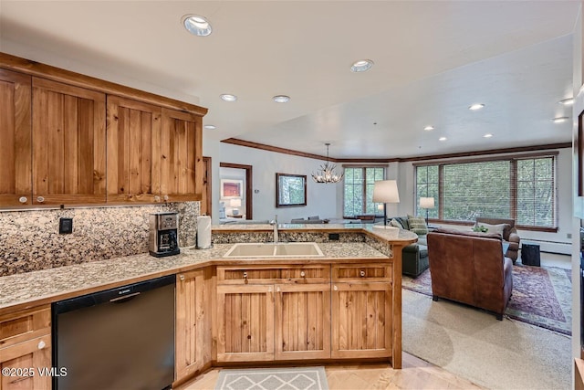 51 Offerson Rd Unit 202, Beaver Creek, CO 81620 - kitchen featuring black dishwasher, a peninsula, recessed lighting, a chandelier, and open floor plan