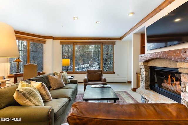 carpeted living room featuring a fireplace and baseboard heating