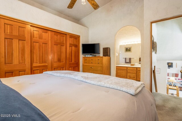 20 Hereford Rd, Edwards, CO 81632 - bedroom featuring lofted ceiling, ensuite bath, carpet, a closet, and a ceiling fan