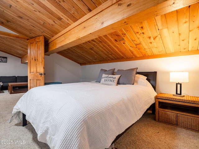 bedroom with wooden ceiling, carpet flooring, and lofted ceiling with beams