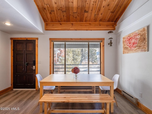 dining area featuring lofted ceiling, baseboard heating, wooden ceiling, and wood finished floors