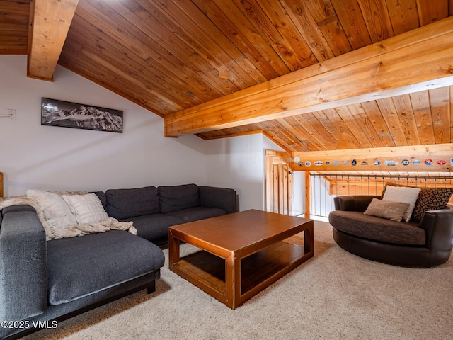 carpeted living room featuring wood ceiling and lofted ceiling with beams