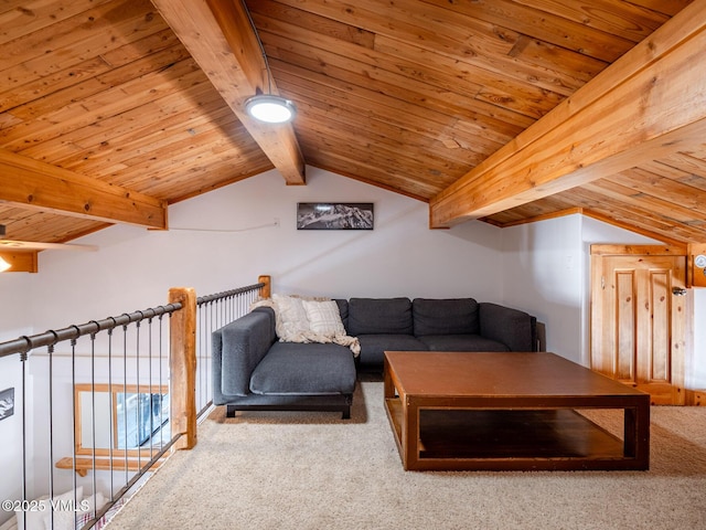 unfurnished living room with carpet floors, wood ceiling, and lofted ceiling with beams