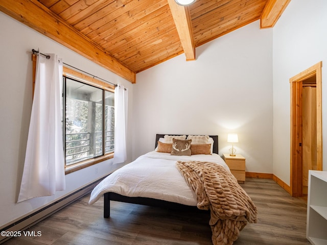 bedroom with lofted ceiling with beams, wooden ceiling, a baseboard radiator, wood finished floors, and baseboards