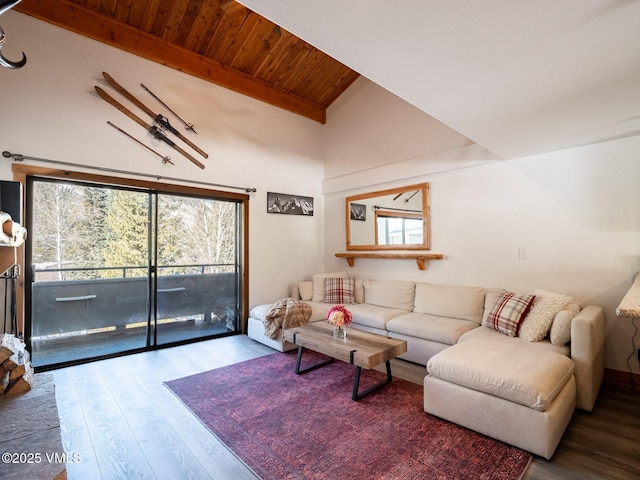 living room with high vaulted ceiling, wood ceiling, beamed ceiling, and wood finished floors