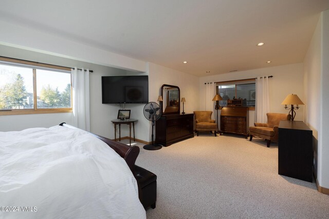 bedroom featuring light carpet