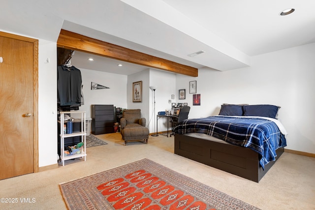 carpeted bedroom featuring baseboards, beamed ceiling, visible vents, and recessed lighting