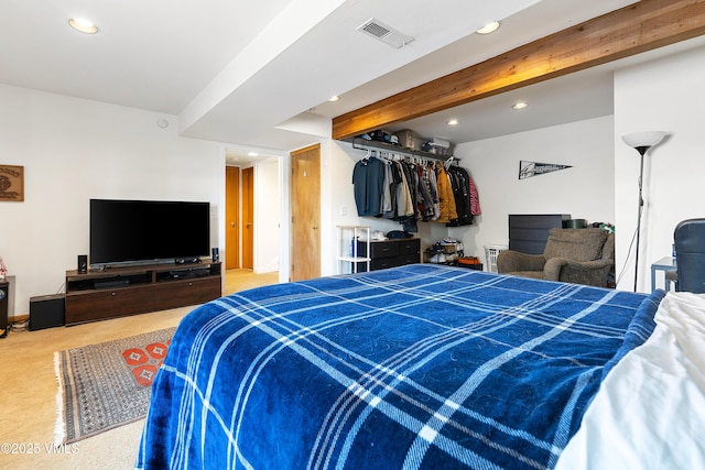 bedroom featuring carpet floors, recessed lighting, beam ceiling, and visible vents