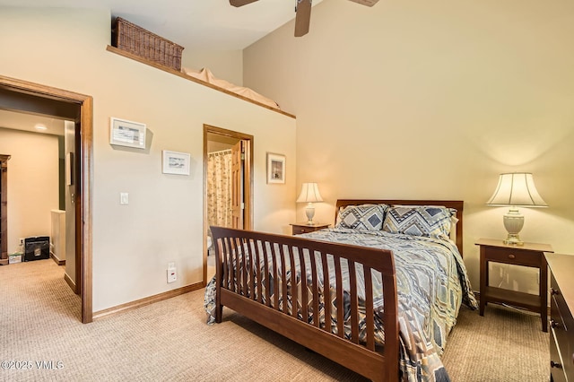 803 June Creek Rd, Edwards, CO 81632 - carpeted bedroom featuring high vaulted ceiling, baseboards, and ceiling fan