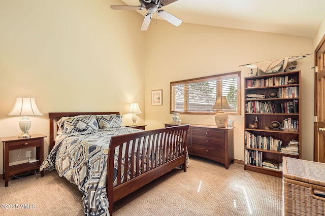 803 June Creek Rd, Edwards, CO 81632 - bedroom featuring light carpet, high vaulted ceiling, and a ceiling fan