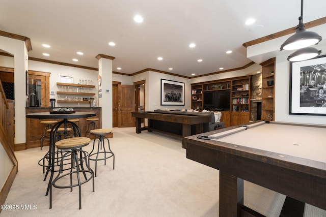 80 Mountain Retreat Ct, Edwards, CO 81632 - game room featuring bar with sink, light carpet, ornamental molding, recessed lighting, and billiards