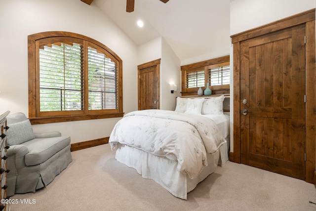 80 Mountain Retreat Ct, Edwards, CO 81632 - carpeted bedroom featuring lofted ceiling, baseboards, ceiling fan, and recessed lighting