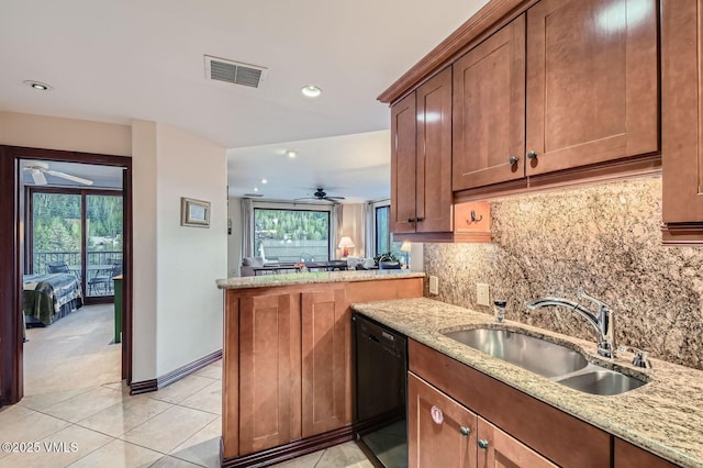 1234 Westhaven Cir Unit A-71, Vail, CO 81657 - kitchen featuring dishwasher, ceiling fan, a sink, backsplash, and light stone counters