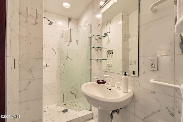 1234 Westhaven Cir Unit A-71, Vail, CO 81657 - full bathroom with a marble finish shower, tile walls, and recessed lighting