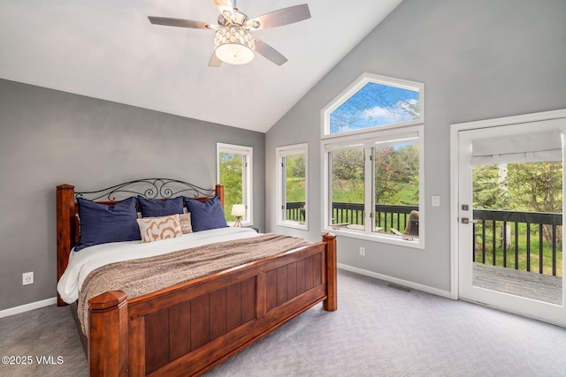 210 June Creek Rd Unit A, Edwards, CO 81632 - carpeted bedroom featuring access to outside, baseboards, multiple windows, lofted ceiling, and ceiling fan