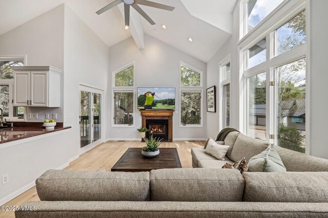 210 June Creek Rd Unit A, Edwards, CO 81632 - living area featuring high vaulted ceiling, ceiling fan, beam ceiling, a glass covered fireplace, and light wood-type flooring