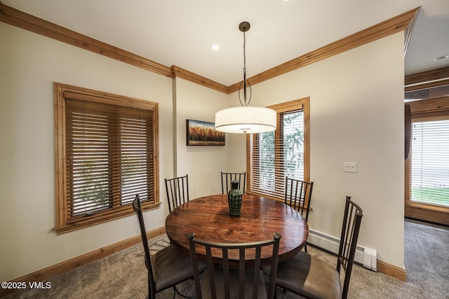 660 Lionshead Pl Unit 9, Vail, CO 81657 - carpeted dining area with a baseboard radiator, crown molding, baseboards, and recessed lighting