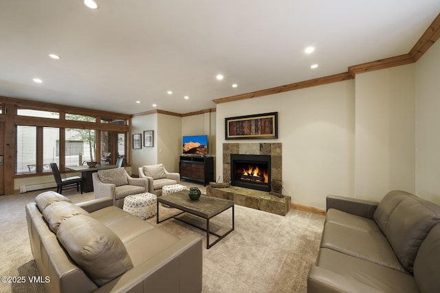 660 Lionshead Pl Unit 9, Vail, CO 81657 - carpeted living room with crown molding, recessed lighting, a tile fireplace, and baseboards