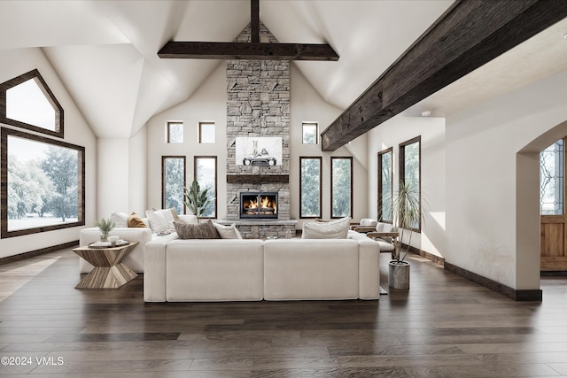 living room with beamed ceiling, high vaulted ceiling, dark wood-type flooring, and a fireplace