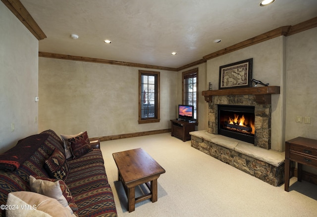 living room with crown molding, light carpet, and a fireplace