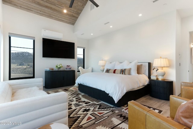 1658 E Haystacker Dr, Eagle, CO 81631 - bedroom featuring multiple windows, recessed lighting, a ceiling fan, high vaulted ceiling, and wooden ceiling