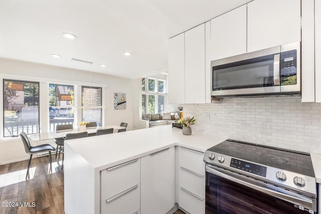 kitchen with white cabinetry, stainless steel appliances, and kitchen peninsula