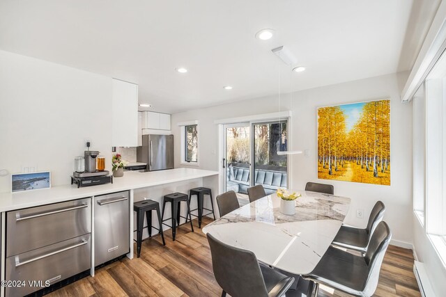 dining room with dark hardwood / wood-style flooring and a baseboard radiator