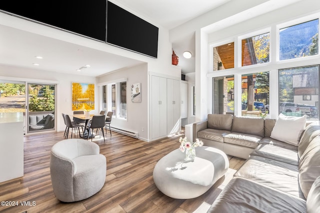 living room featuring hardwood / wood-style flooring, a baseboard radiator, and a towering ceiling