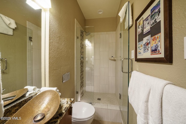 531 E Lionshead Cir Unit 303, Vail, CO 81657 - full bath with a textured wall, toilet, vanity, and a stall shower