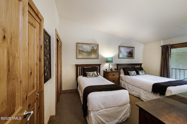 531 E Lionshead Cir Unit 303, Vail, CO 81657 - bedroom with vaulted ceiling, carpet, a textured ceiling, baseboards, and a closet