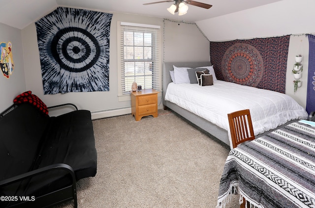 546 Grand Ave, Eagle, CO 81631 - bedroom featuring a baseboard radiator, ceiling fan, carpet, and lofted ceiling