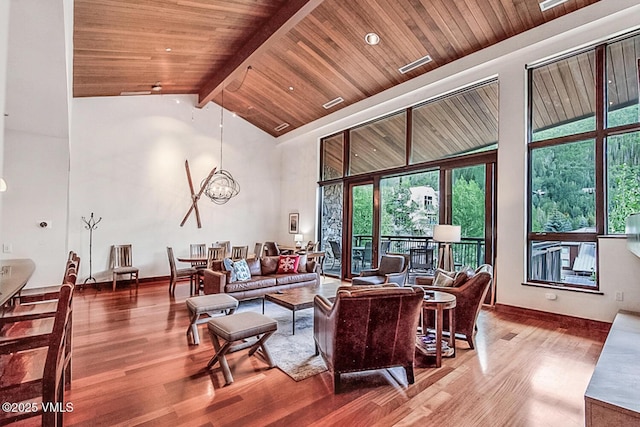 1325 Westhaven Dr Unit A302, Vail, CO 81657 - living area featuring a chandelier, wood finished floors, a wooden ceiling with exposed beams, and high vaulted ceiling