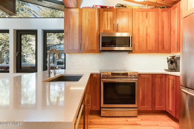 kitchen featuring stainless steel appliances, sink, light hardwood / wood-style flooring, and decorative backsplash