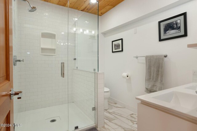 bathroom with vanity, wooden ceiling, walk in shower, and toilet