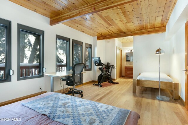 bedroom featuring ensuite bathroom, wood ceiling, beam ceiling, and light hardwood / wood-style flooring