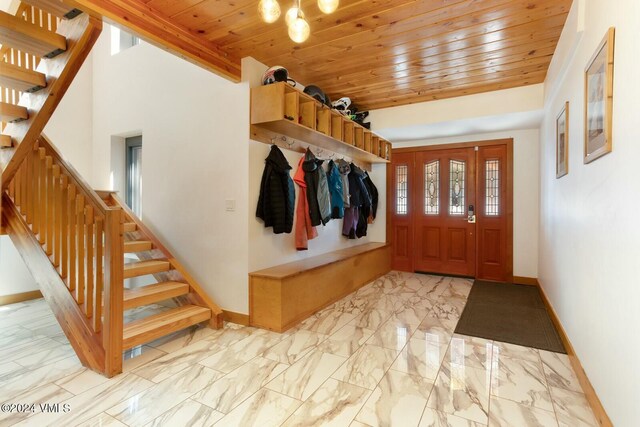 mudroom featuring wood ceiling