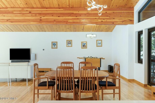 dining area featuring vaulted ceiling, wooden ceiling, a chandelier, and light wood-type flooring